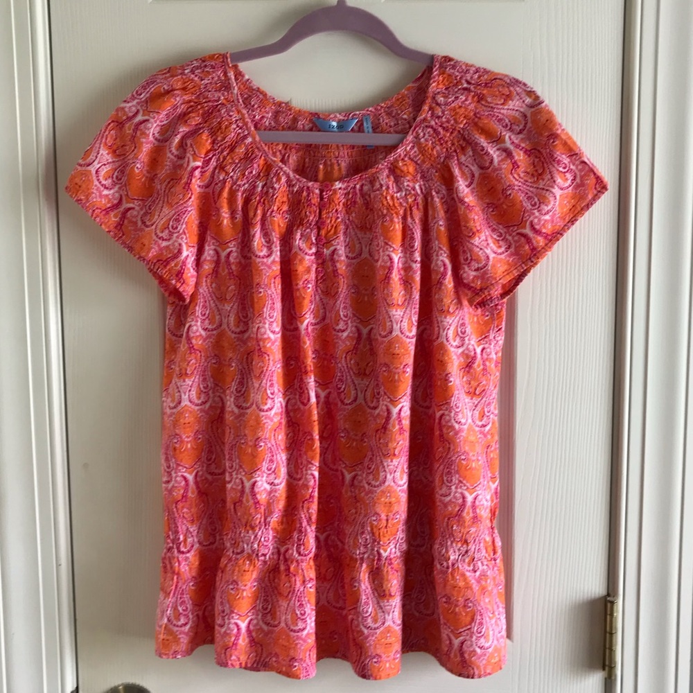 IZOD Floral Peasant Short Sleeve Top Pink/Orange Size M